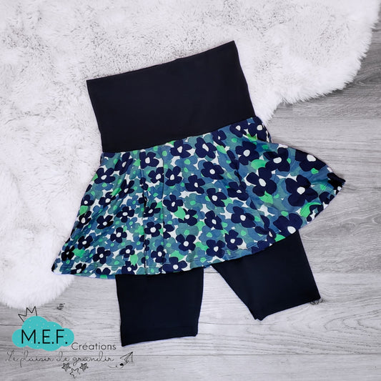Jupe-short intégré fleuris marine et vert, 7 à 9 ans, VENTE FINALE