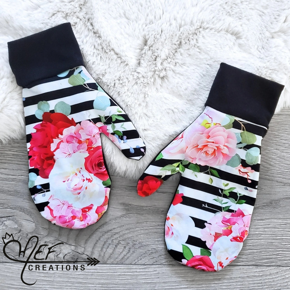 Mitaines femme rayé et fleuris rouges M-L