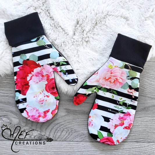 Mitaines femme rayé et fleuris rouges M-L