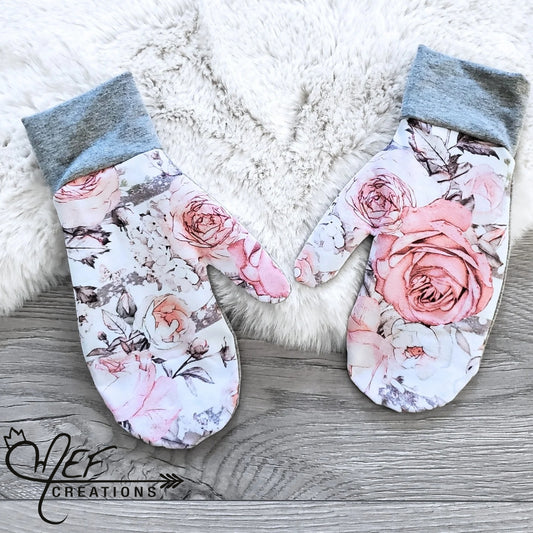 Mitaines femme rayé gris et fleuris roses M-L