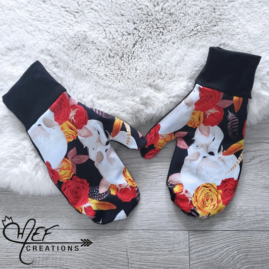 Mitaines femme crâne et fleuris rouges M-L