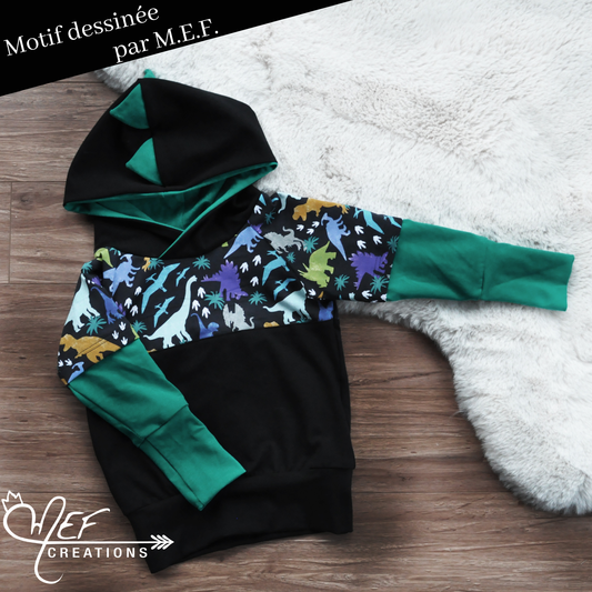 Hoodie Dinosaure vert - motif exclusif MEF CRÉATIONS