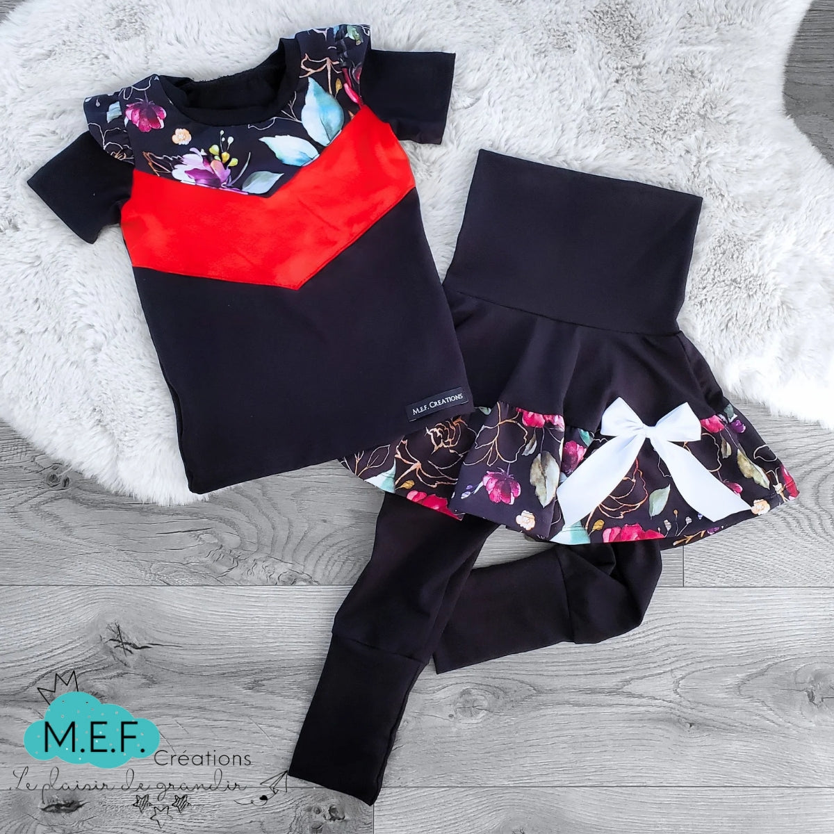 Jupe fillette legging intégré, fleuris ROUGE