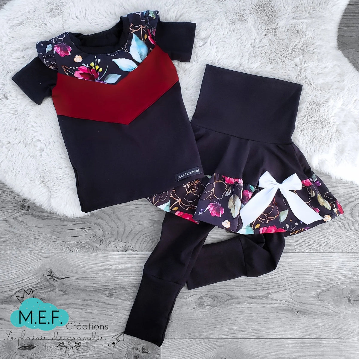 Jupe fillette legging intégré, fleuris ROUGE