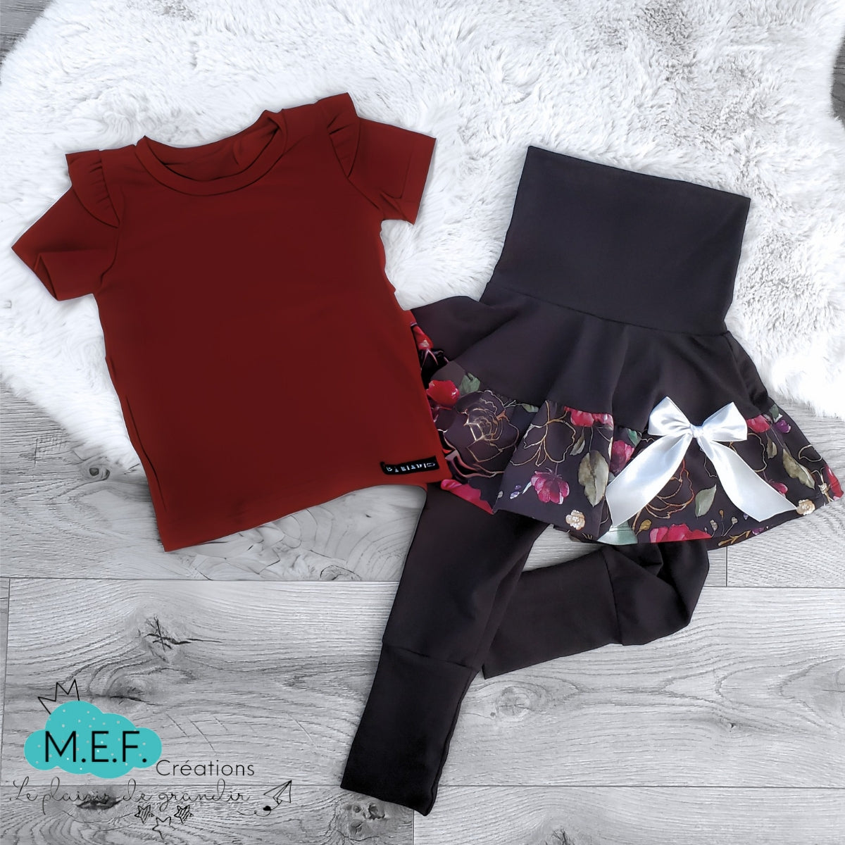 Jupe fillette legging intégré, fleuris ROUGE