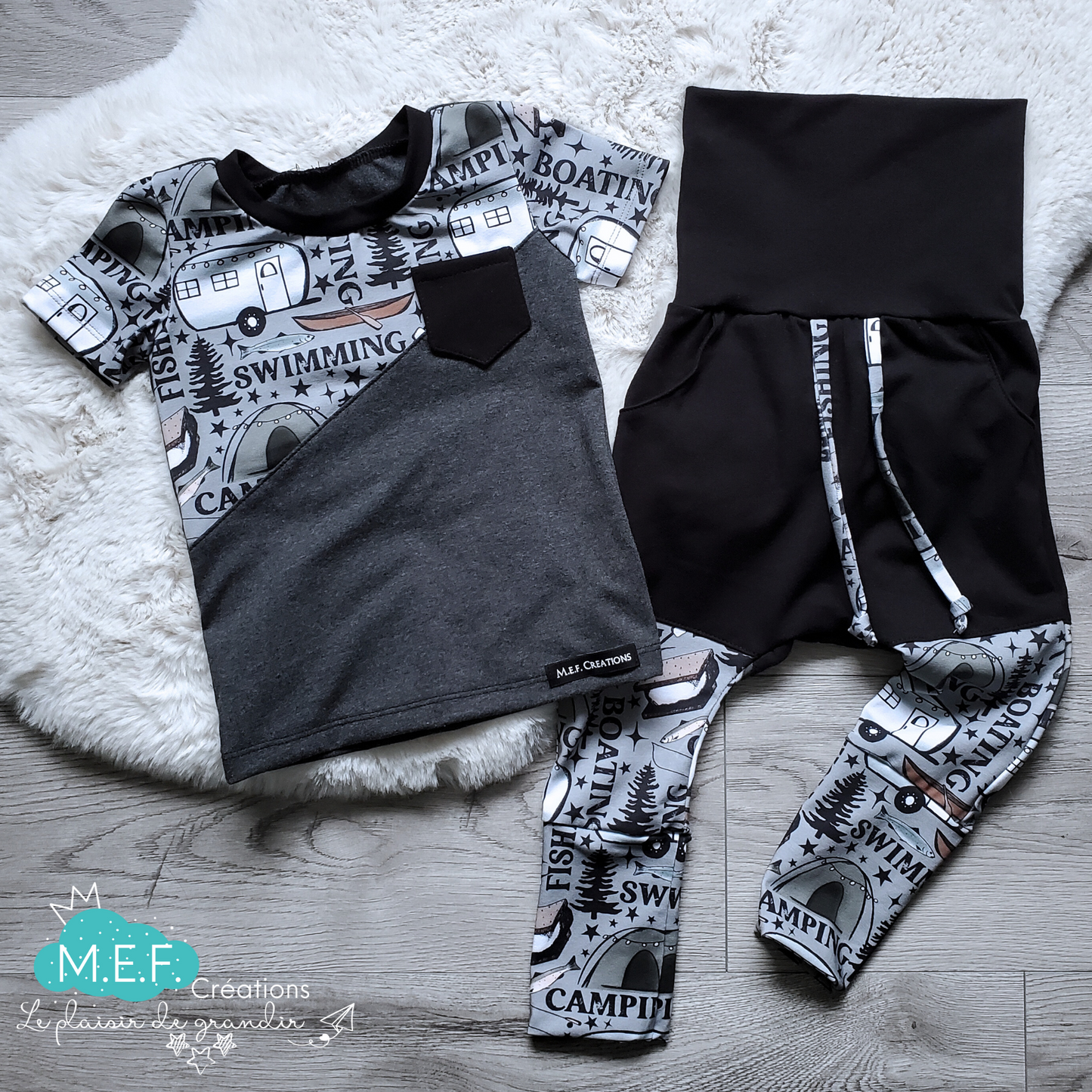 Duo parent enfant ou seul, gris anthracite avec motif: CAMPING