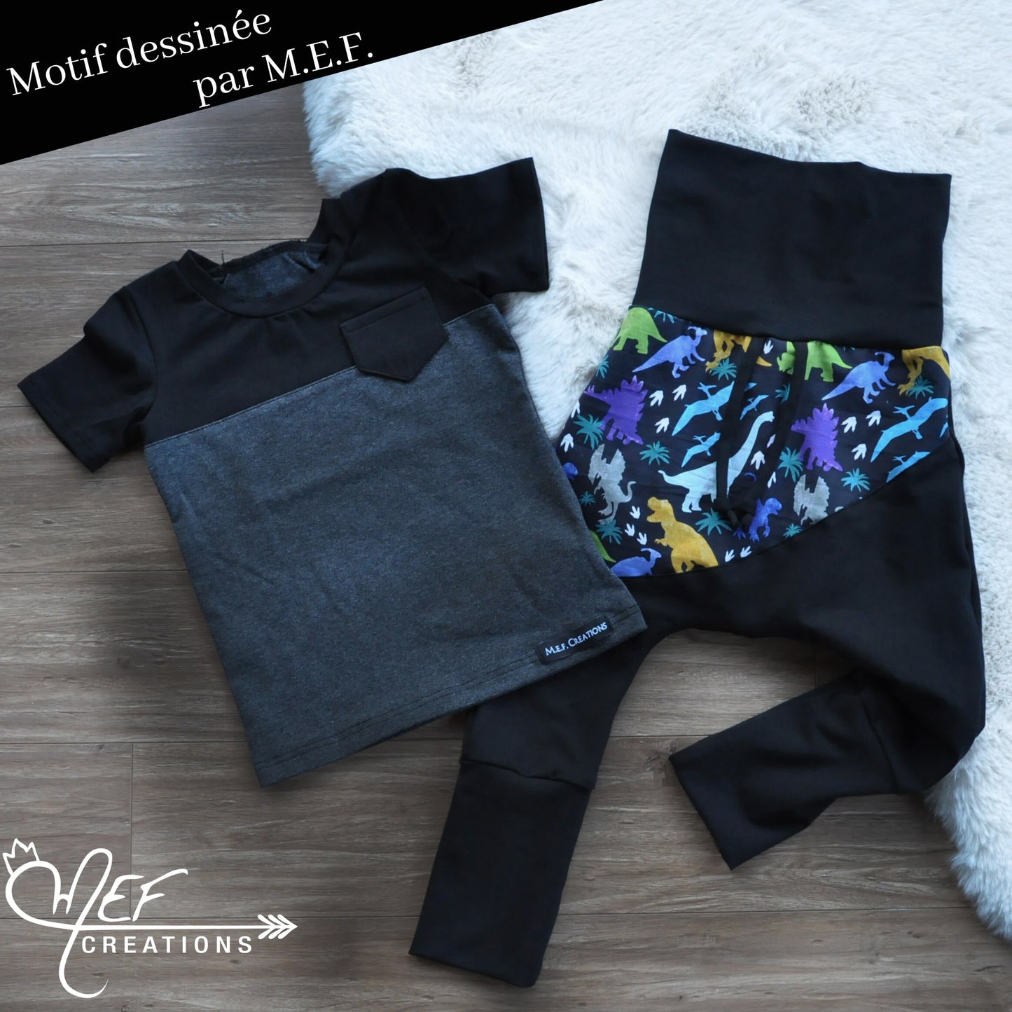 pantalon évolutif noir asymétrique dinosaures colorés, t-shirt gris foncé