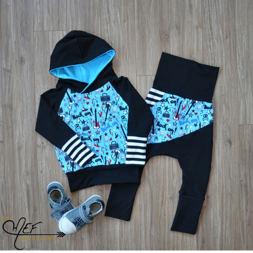 2ème vue duo pantalon évolutif et hoodie asymétrique motif guitare