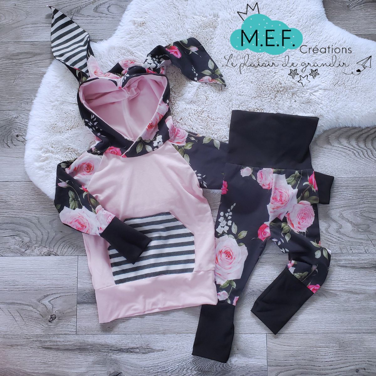 Hoodie lapin fleuris et rose pâle