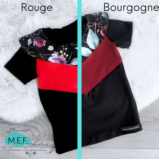 T-shirt fillette fleuris Noël, découpe en V, rouge vif ou bourgogne