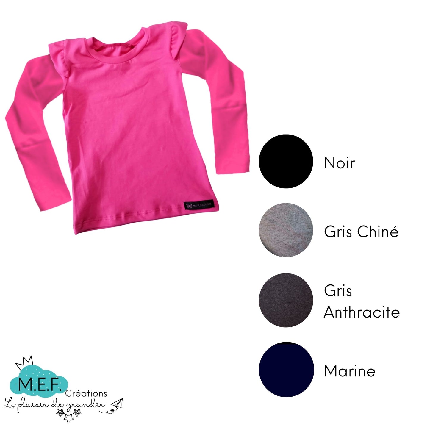 T-shirt fillette à VOLANTS et manches longues, 4 coloris sombres