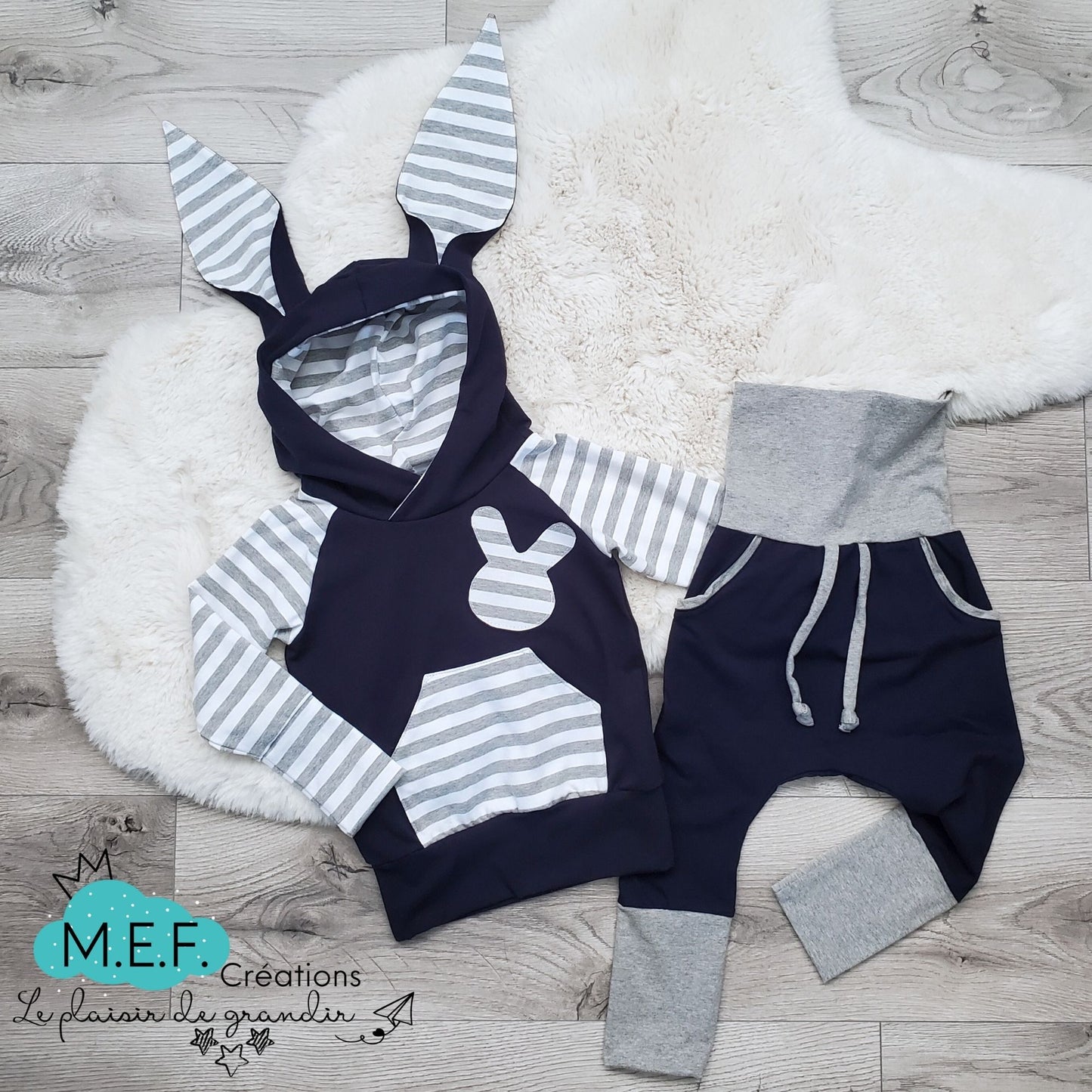 Hoodie lapin unisexe, rayé blanc, gris et marine, 1 à 3 ans