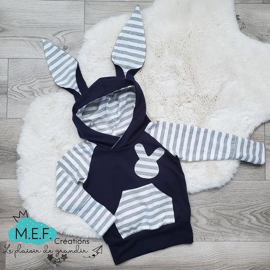 Hoodie lapin unisexe, rayé blanc, gris et marine, 1 à 3 ans