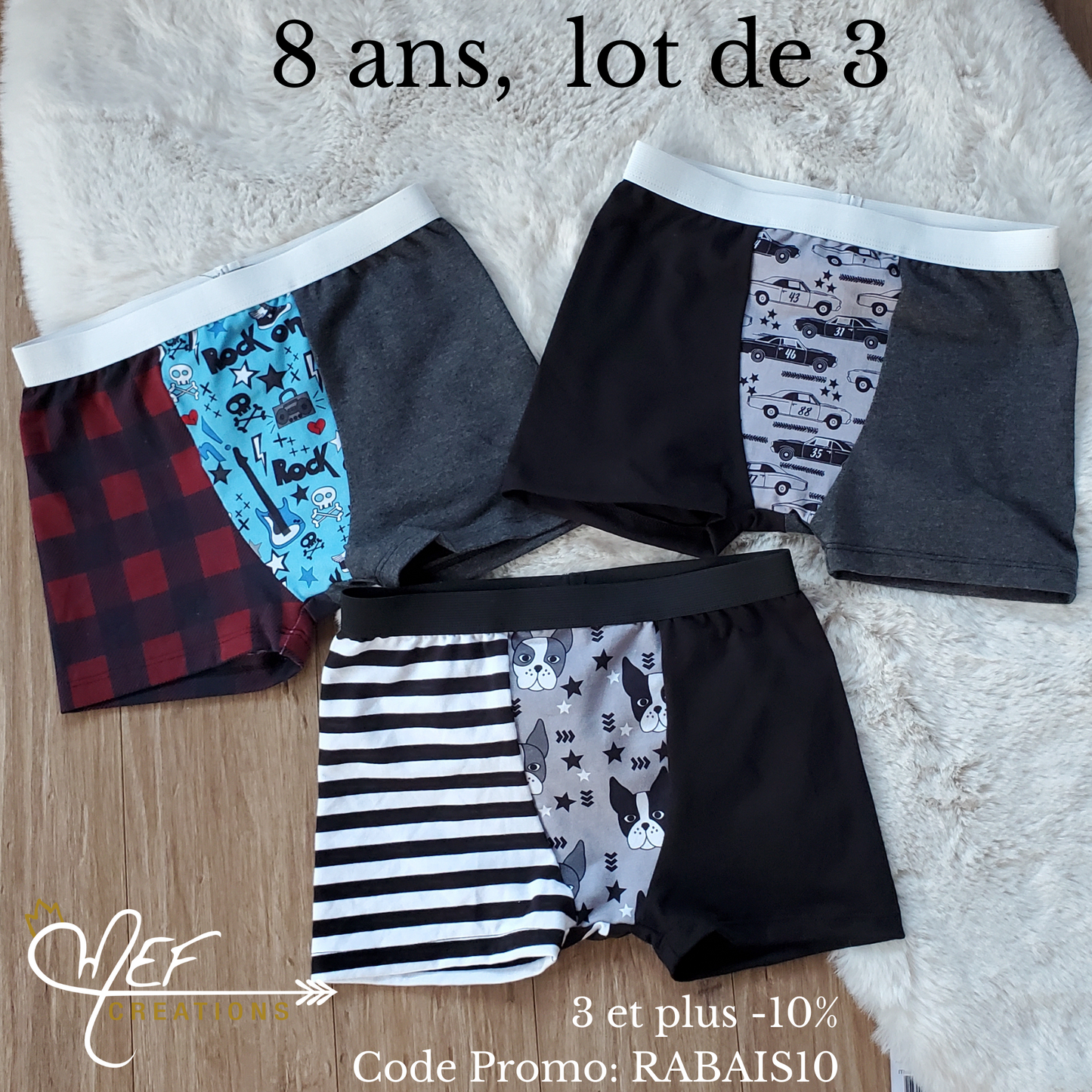 Boxers enfants 8 ans, lot de 3, prêt-à-partir : un guitare MEF, un chien MEF et un voiture MEF