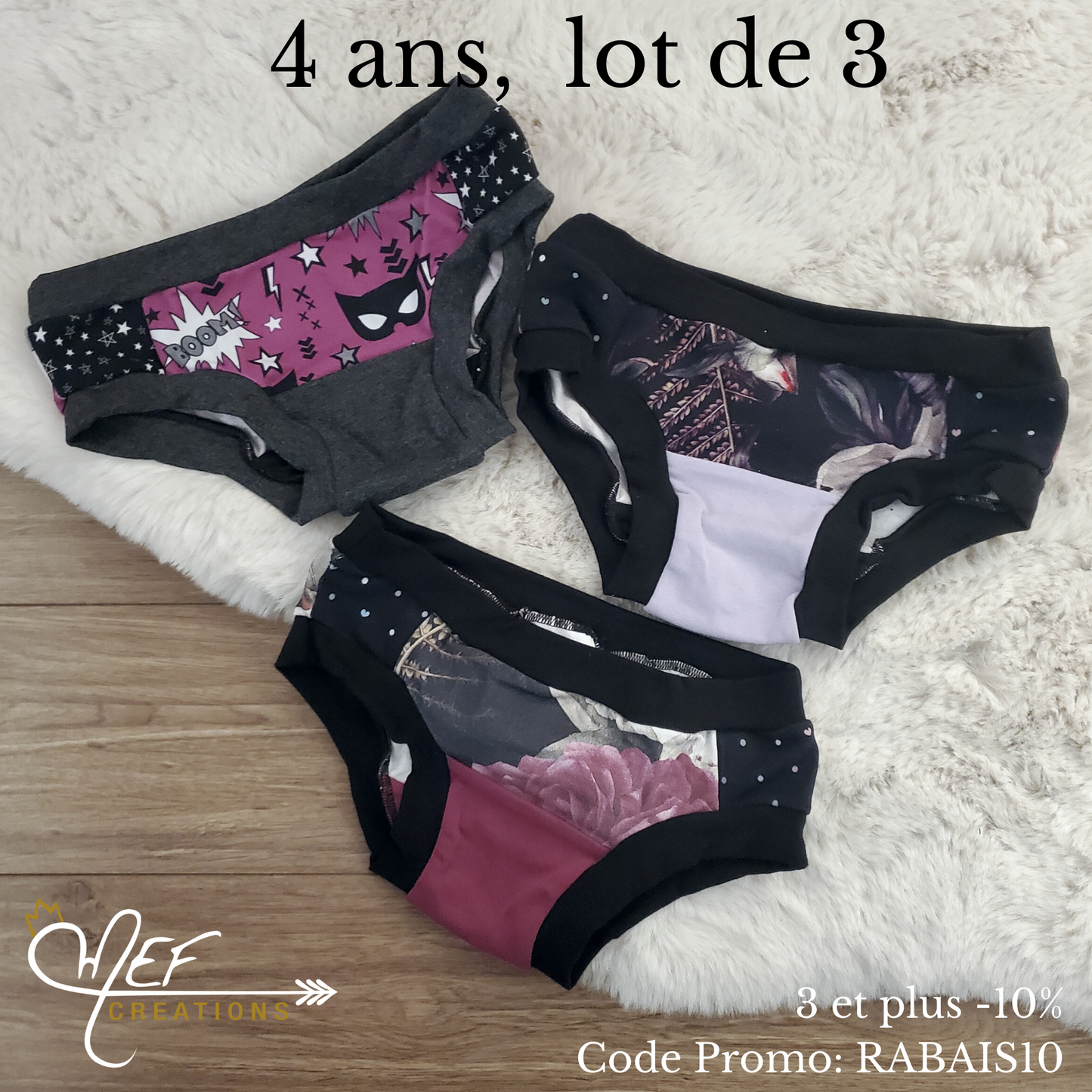 Culottes fille 4 ans, lot de 3, prêt-à-partir : superhéro, fleuris mauve et gros fleuris