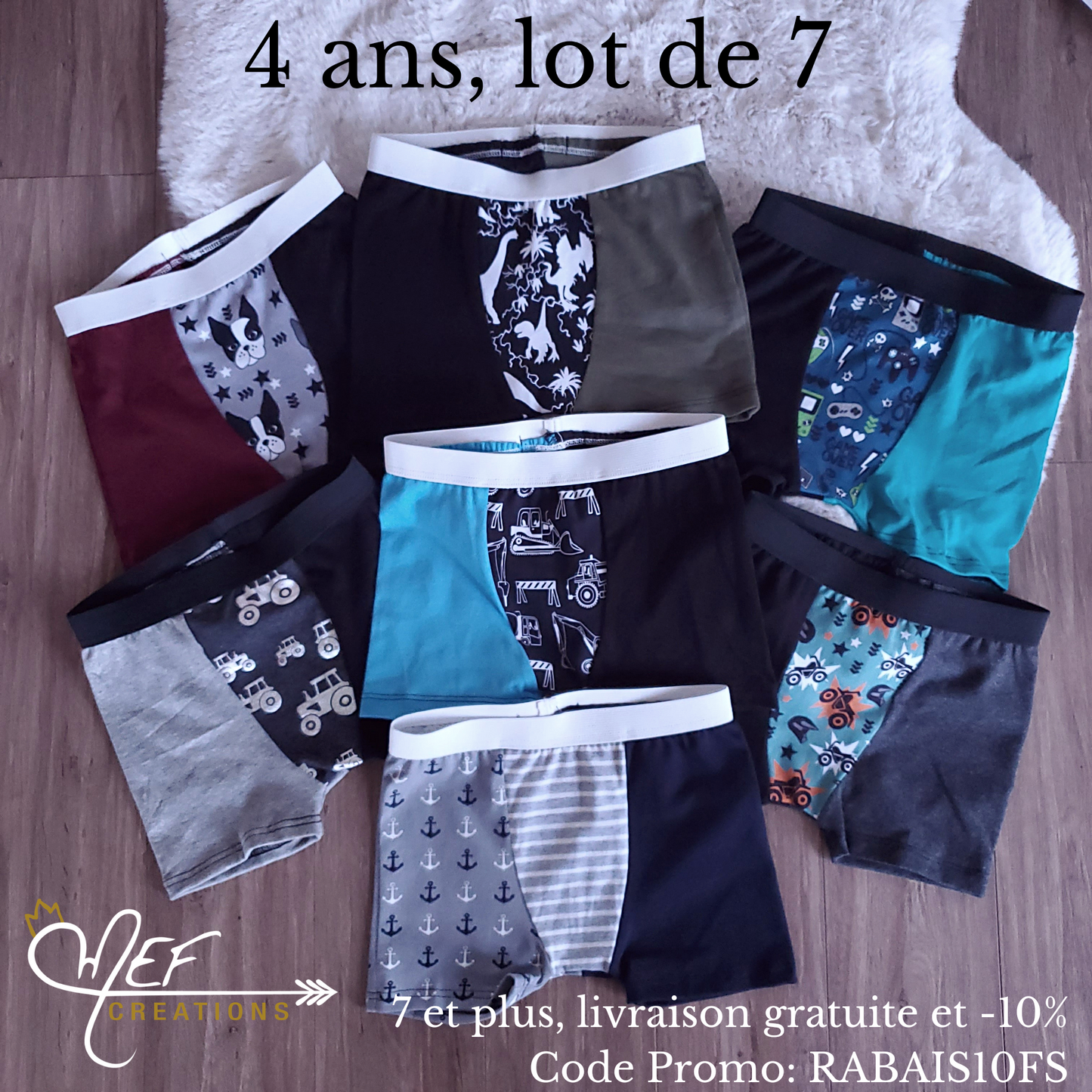 Boxers enfant 4 ans, lot de 7,prêt-à-partir : un chien MEF,un dino MEF,un jeux vidéos MEF,un tracteur brillant,un camions MEF,un 4 roues MEF ,un ancre