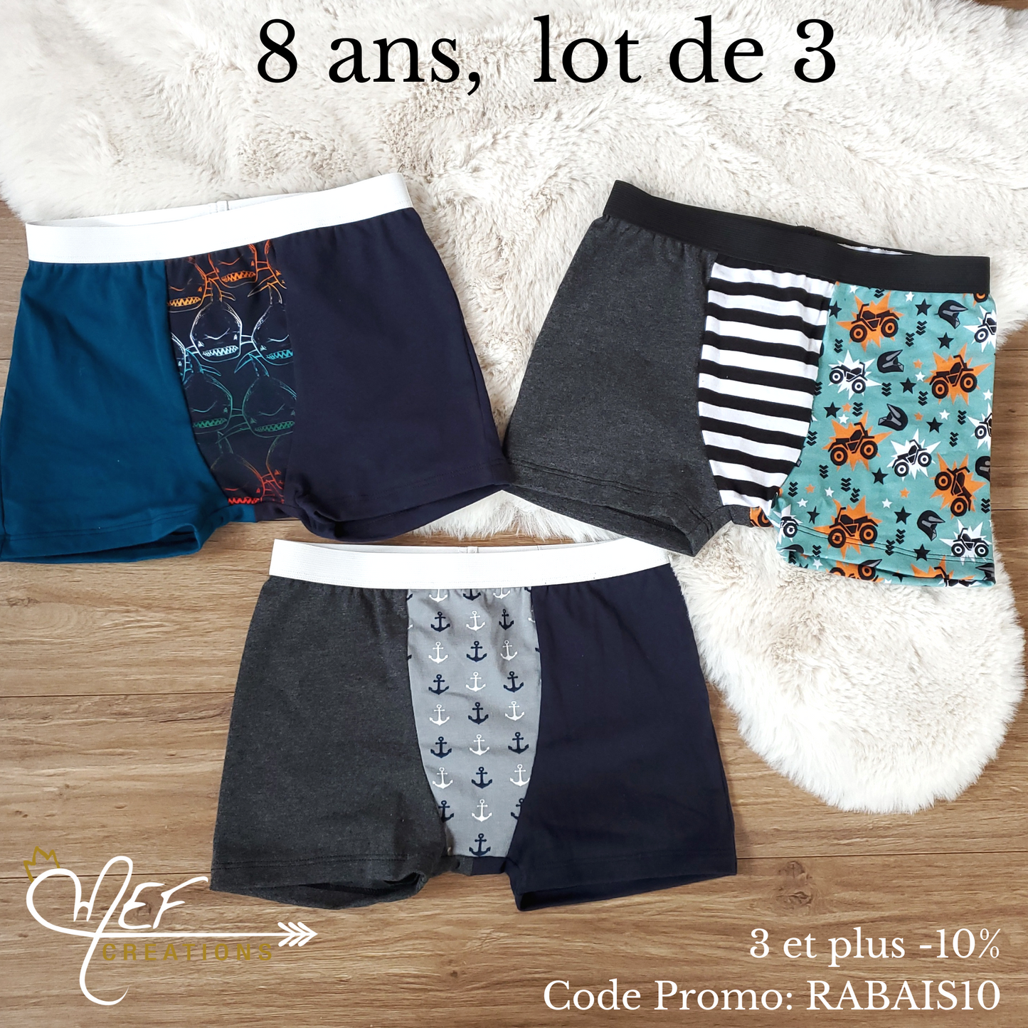 Boxers enfants 8 ans, lot de 3, prêt-à-partir : requin dégradé, 4 roues et ancre