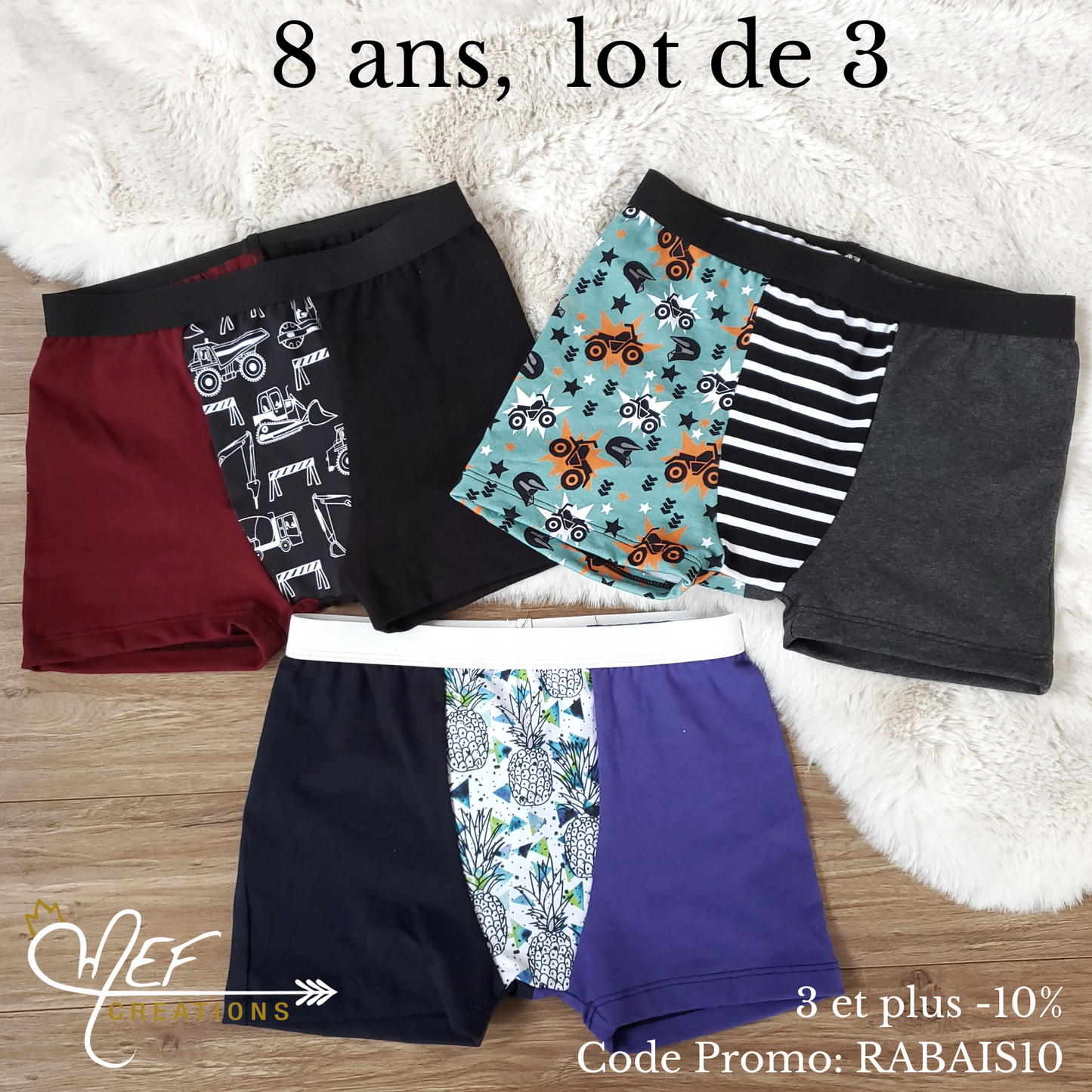 Boxers enfants 8 ans, lot de 3, prêt-à-partir : camions constructions, 4 roues et ananas