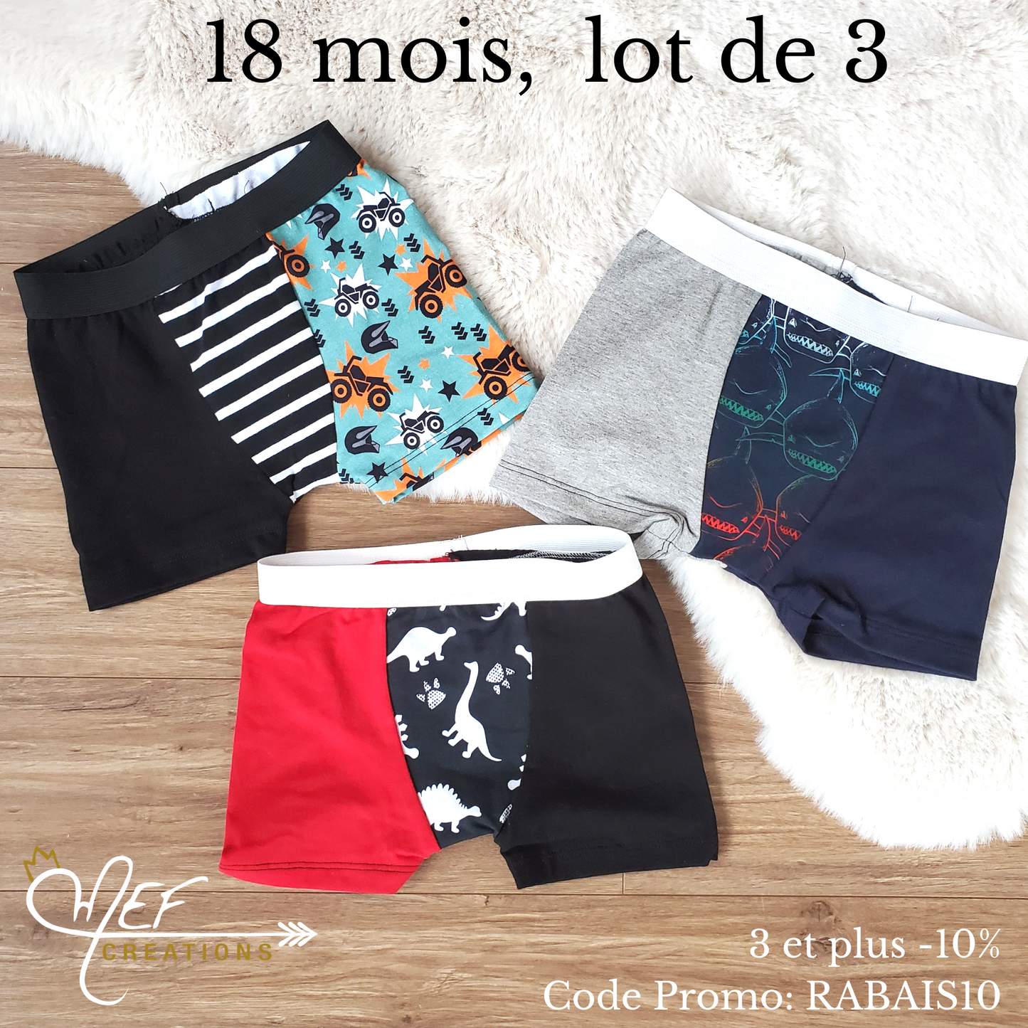 Boxers enfants 18 mois, lot de 3, prêt-à-partir : 4 roues, requins, dinosaures