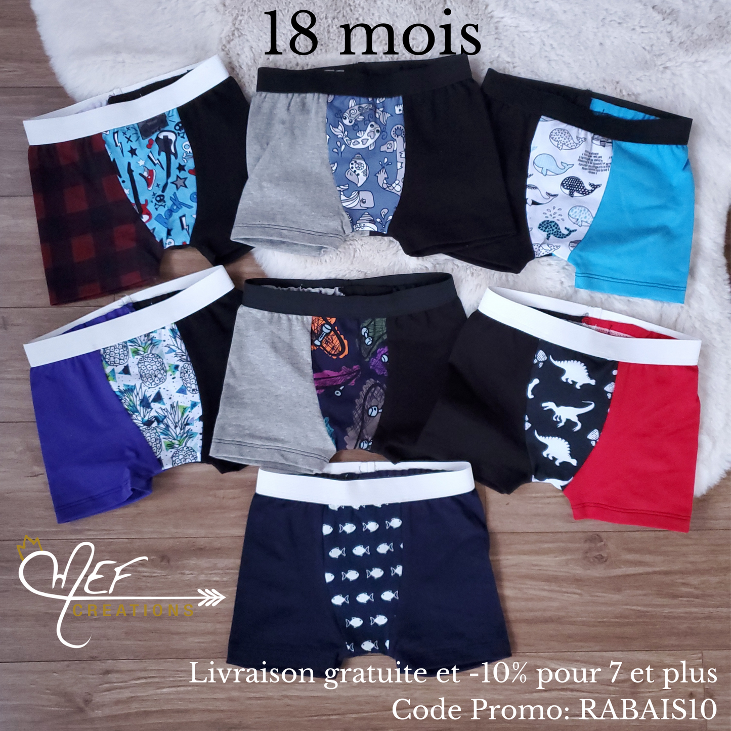 Boxers enfants 18 mois, lot de 7, prêt-à-partir : guitares, fond marin, baleine, ananas, planche à roulettes, dinosaures et poissons