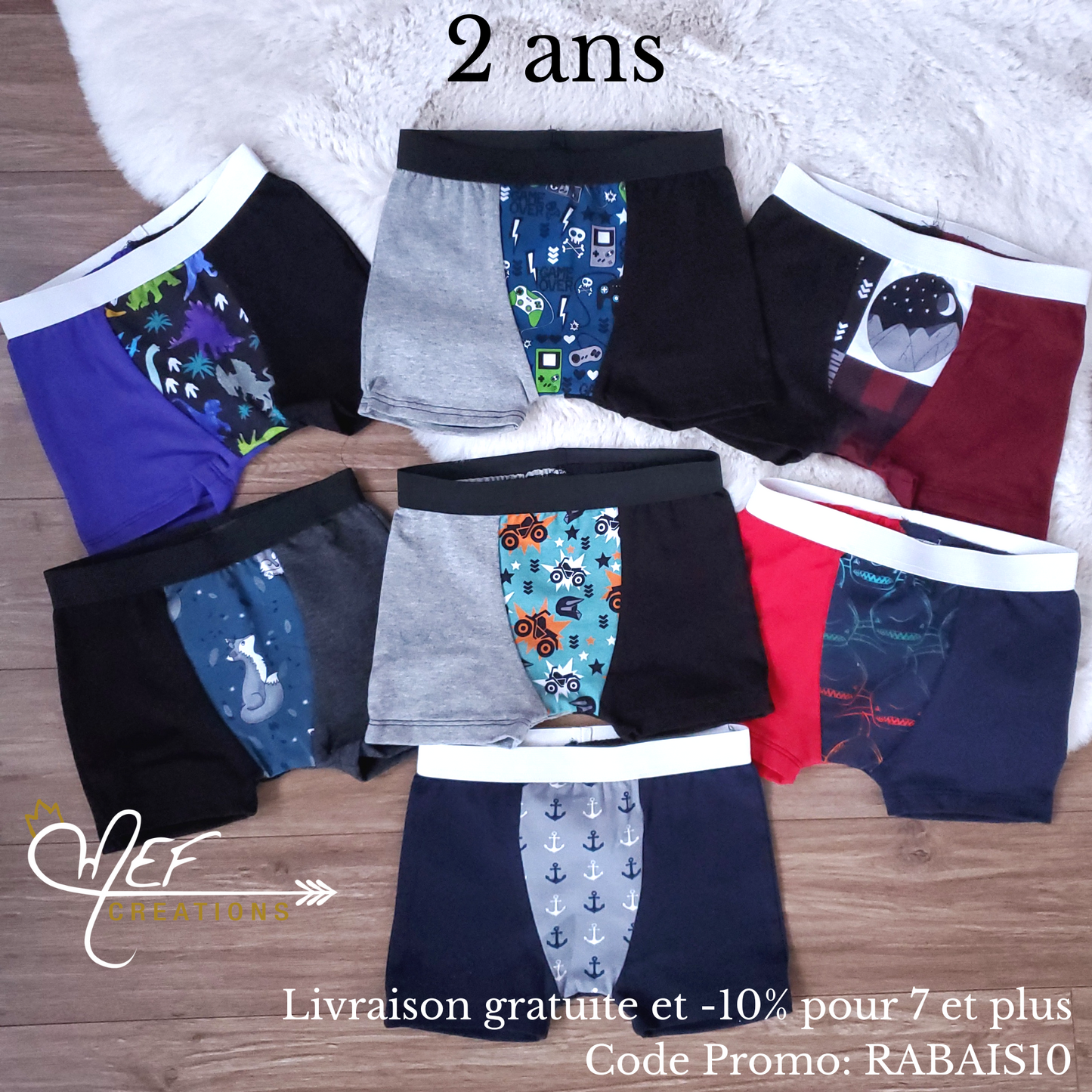 Boxers enfants 2ans, lot de 7, prêt-à-partir : dinosaures colorés, jeux vidéo, plaid, renard, 4 roues, requin dégradé et ancres