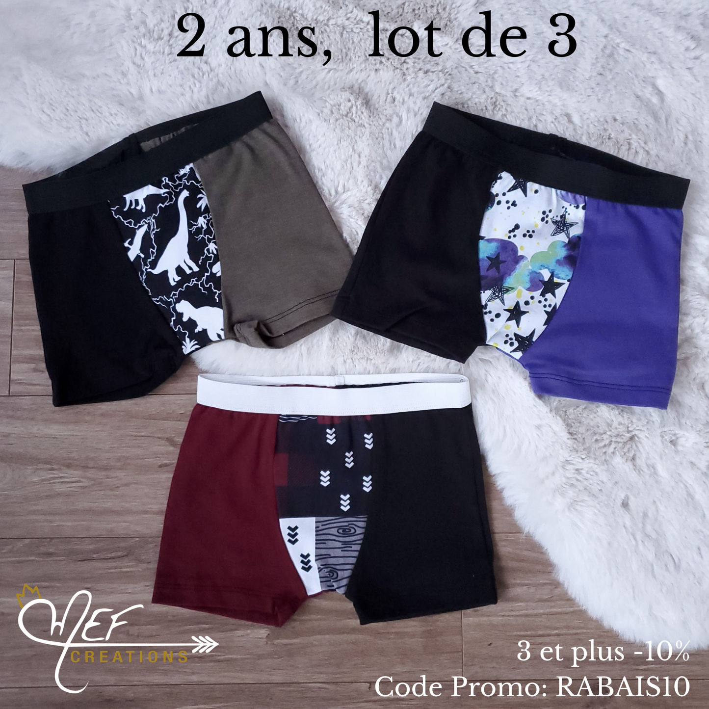 Boxers enfants 2 ans, lot de 3, prêt-à-partir : dinosaures khaki, nuages et étoiles et plaid