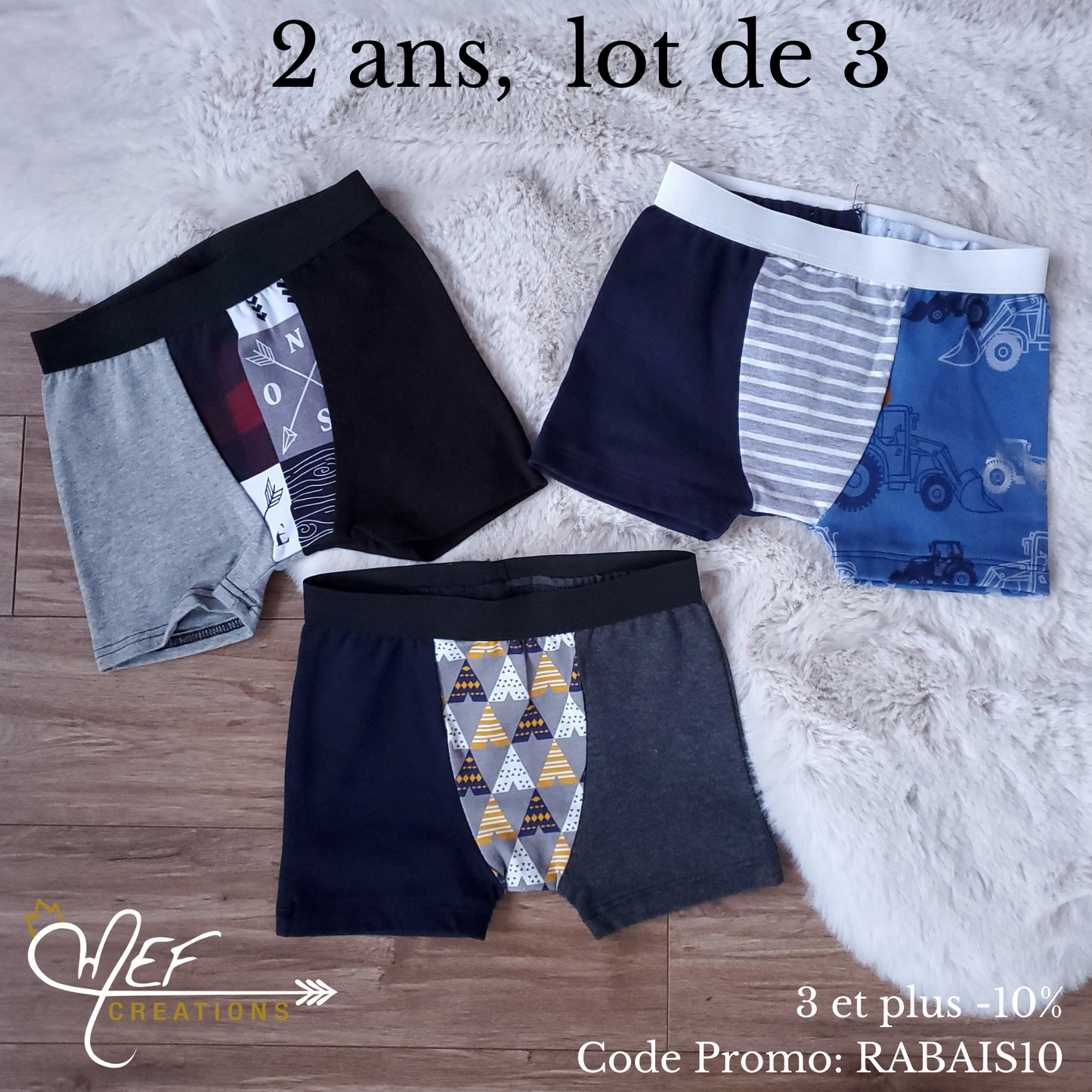 Boxers enfants 2 ans, lot de 3, prêt-à-partir : Plaid, tracteurs marine et tipis