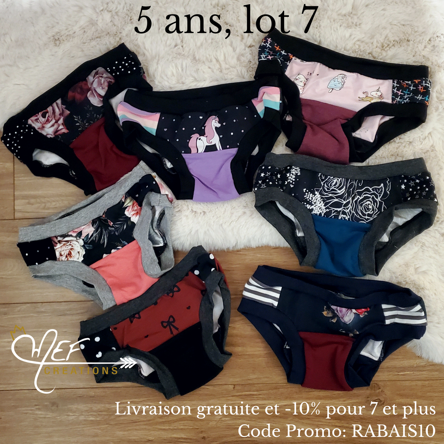 Culottes fille 5 ans, lot de 7, prêt-à-partir : fleuris bourgogne, licorne, popice, fleuris plage, fleuris mef, boucle et fleuris jeans