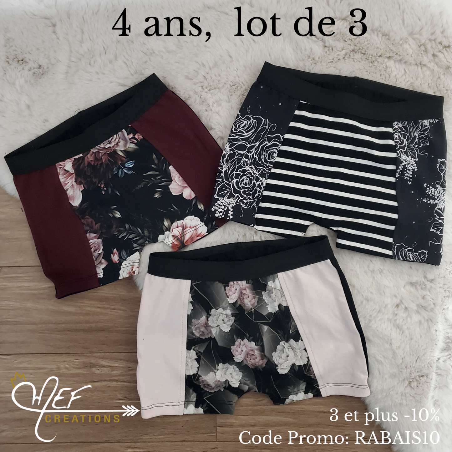 Boxers fille 4 ans, lot de 3, prêt-à-partir : fleuris plage, fleuris mef et fleuris géométrique