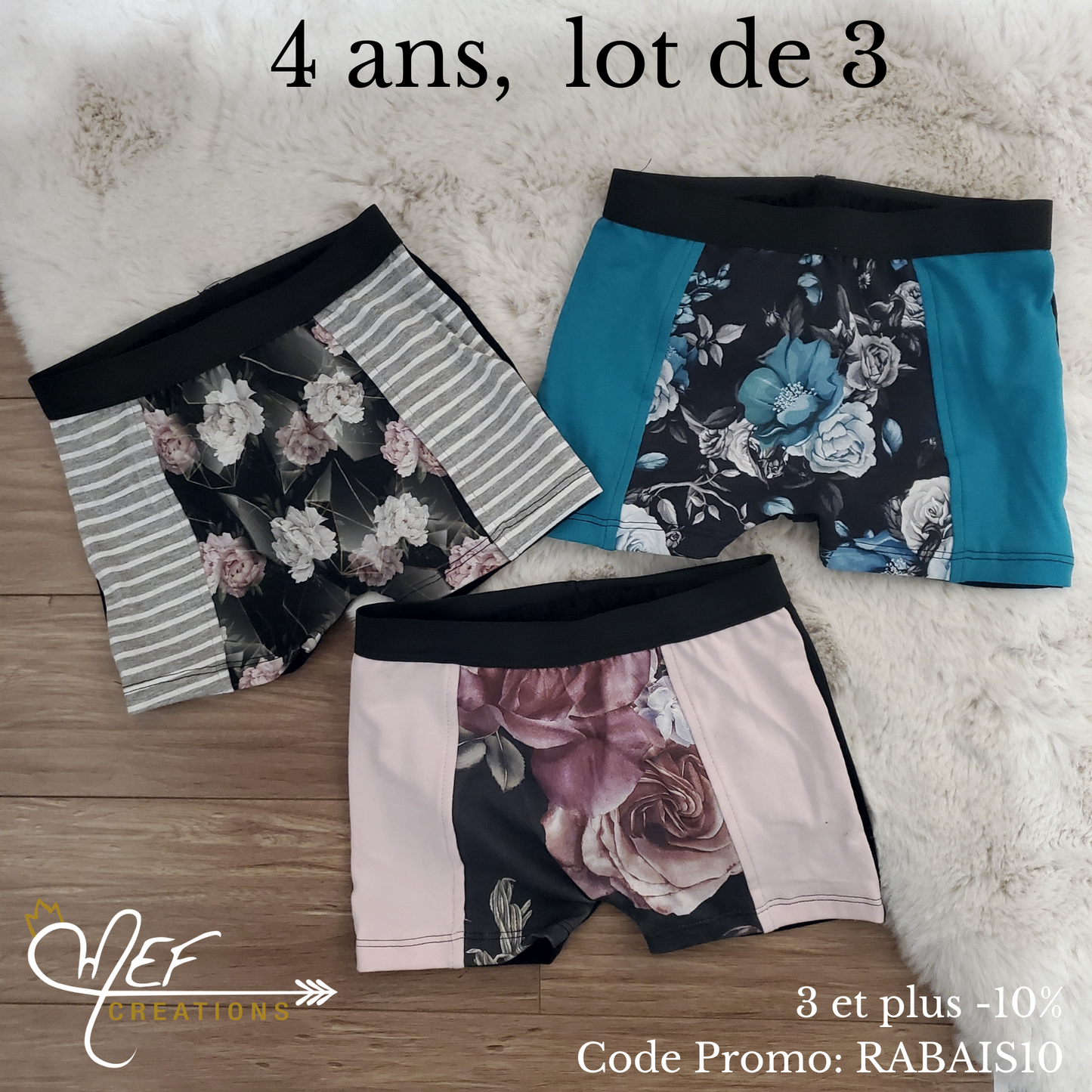 Boxers fille 4 ans, lot de 3, prêt-à-partir : fleuris géométrique, fleuris bleu et gros fleuris