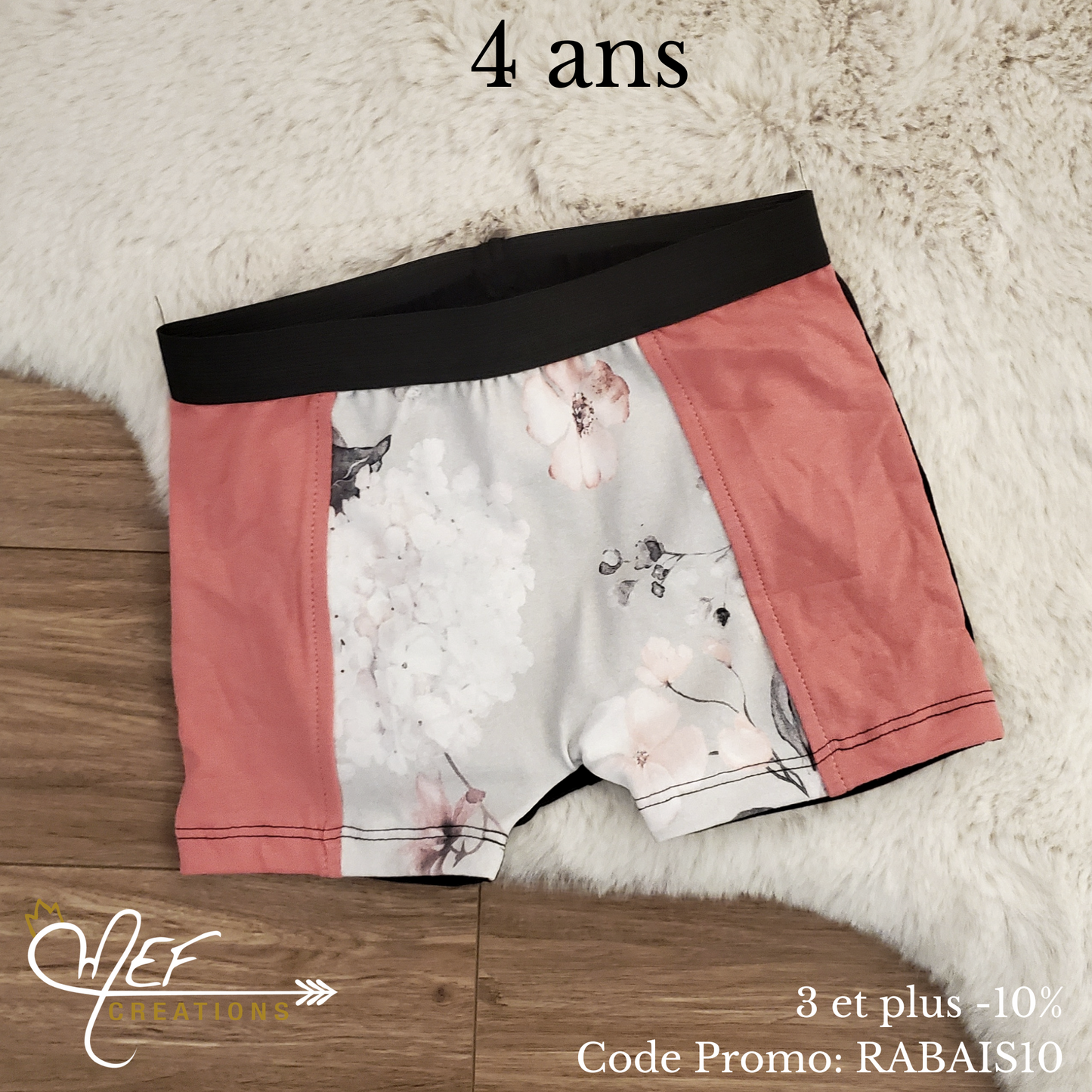 Boxer fille enfant 4 ans, prêt-à-partir, fleuris gris