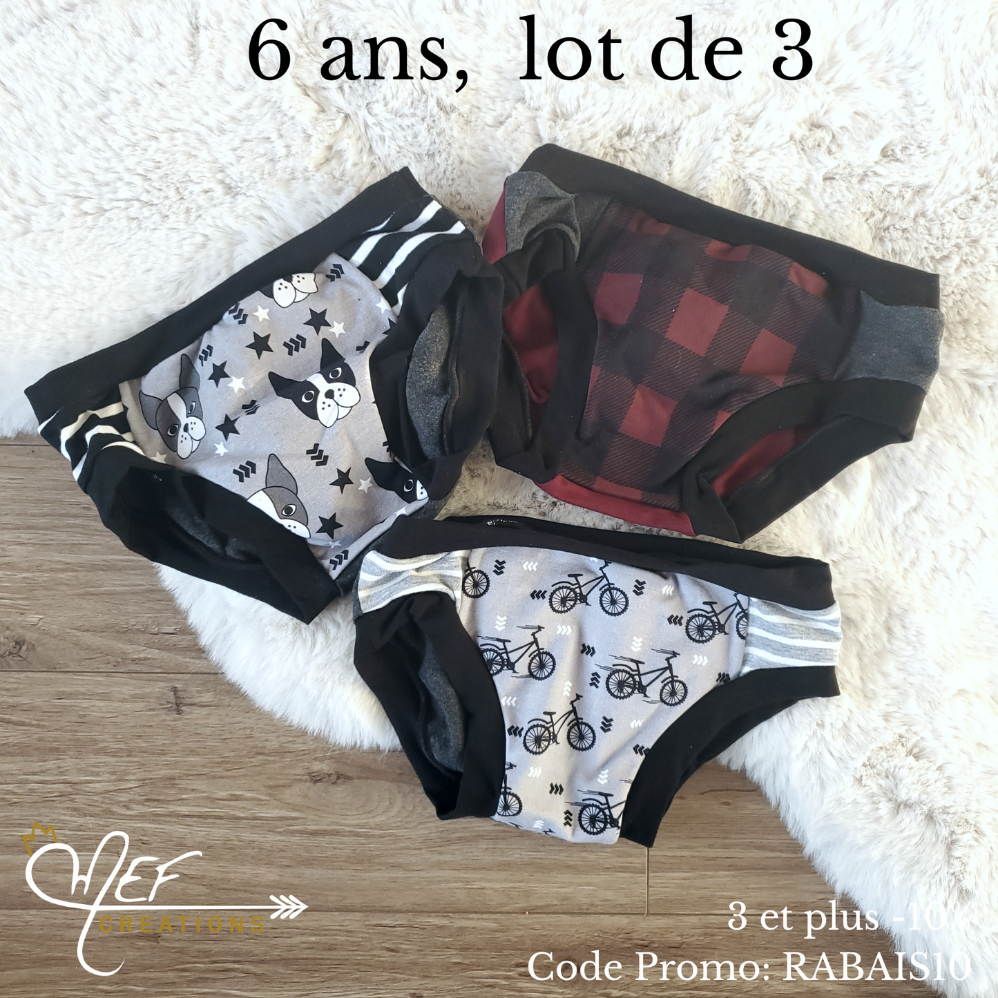 Culottes 6 ans, lot de 3, prêt-à-partir : chiens, carreauté, vélo