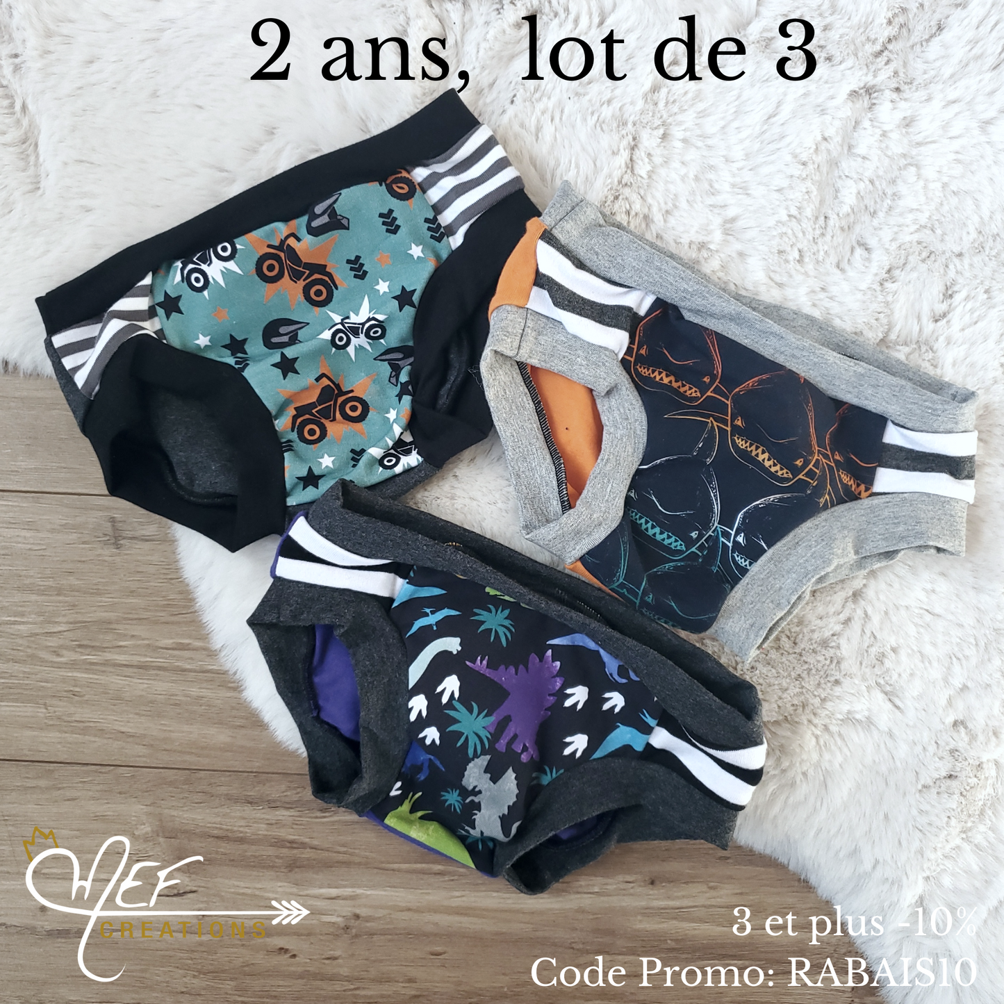 Culottes 2 ans, lot de 3, prêt-à-partir : 4 roues, requins dégradé et dinosaures colorés