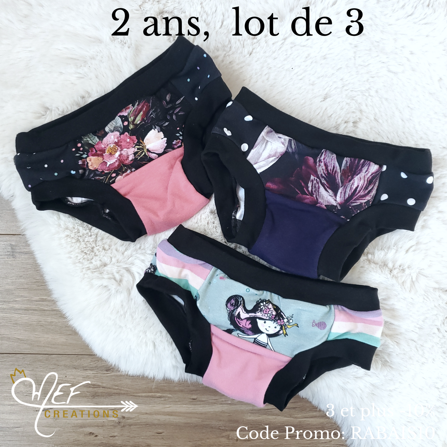Culottes fille 2 ans, lot de 3, prêt-à-partir : fleuris fond coloré, sirène et fleuris mauve