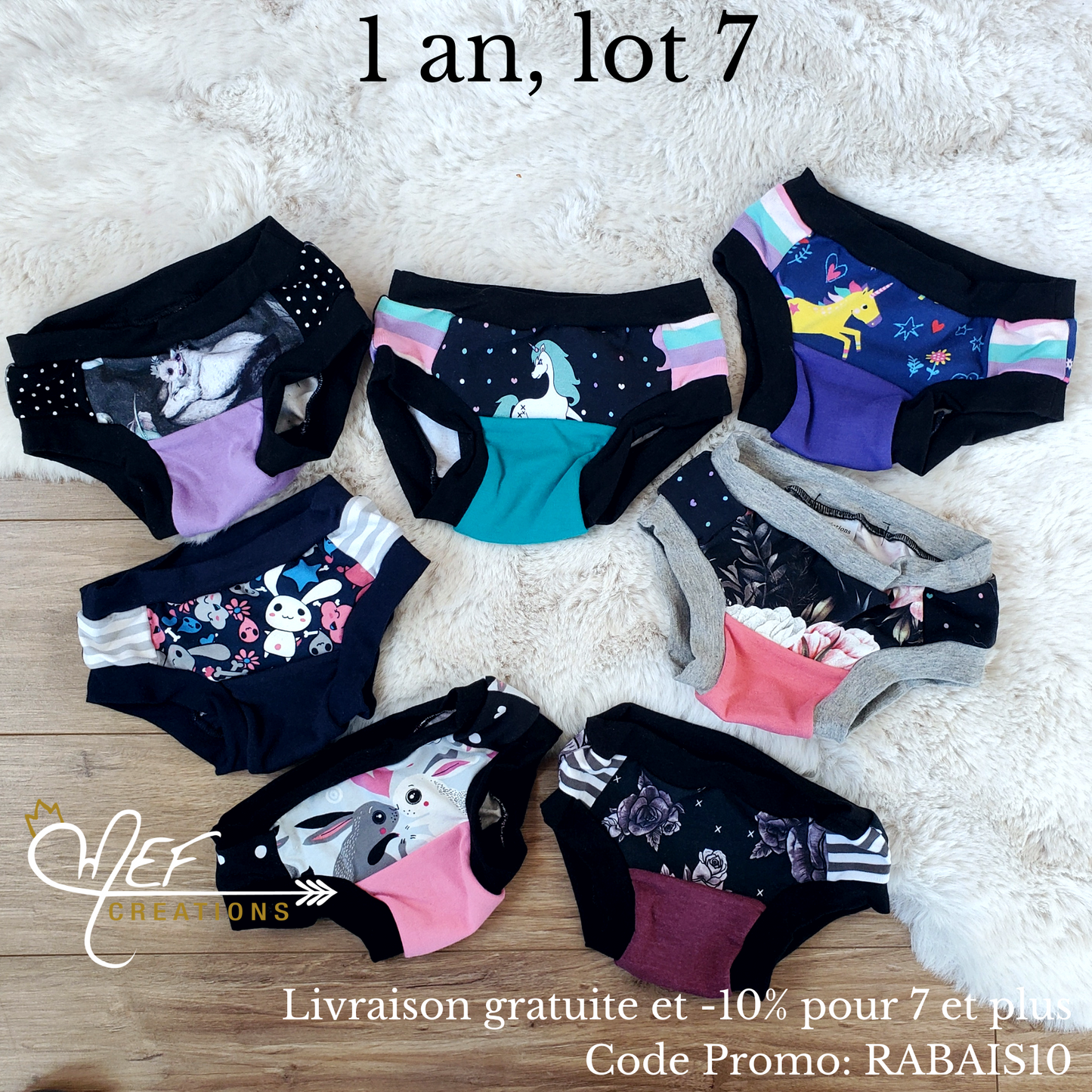 Culottes fille 1 an, lot de 7, prêt-à-partir :loup, licorne, licorne mauve, lapin Kawartha, fleuris plage, lapin bisous, fleuris stef