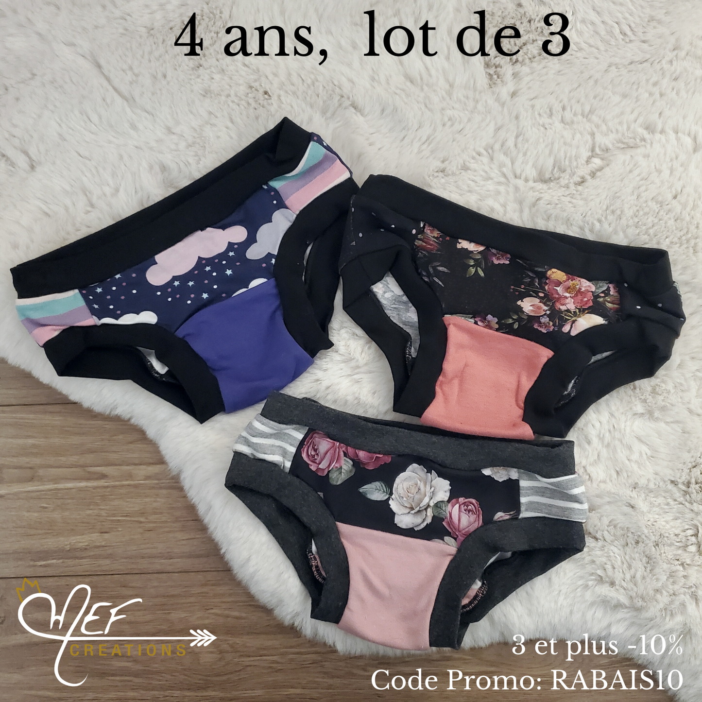 Culotte fille 4 ans, lot de 3, prêt-à-partir : nuage, fleuris pois coloré et fleuris rosé