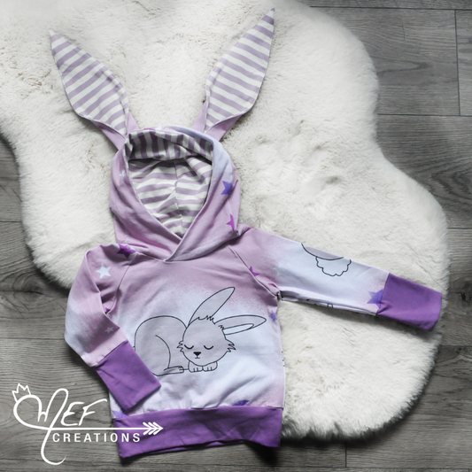 Hoodie lapin rose et rayure écru et lilas, MOTIF EXCLUSIF MEF -3 à 12 mois