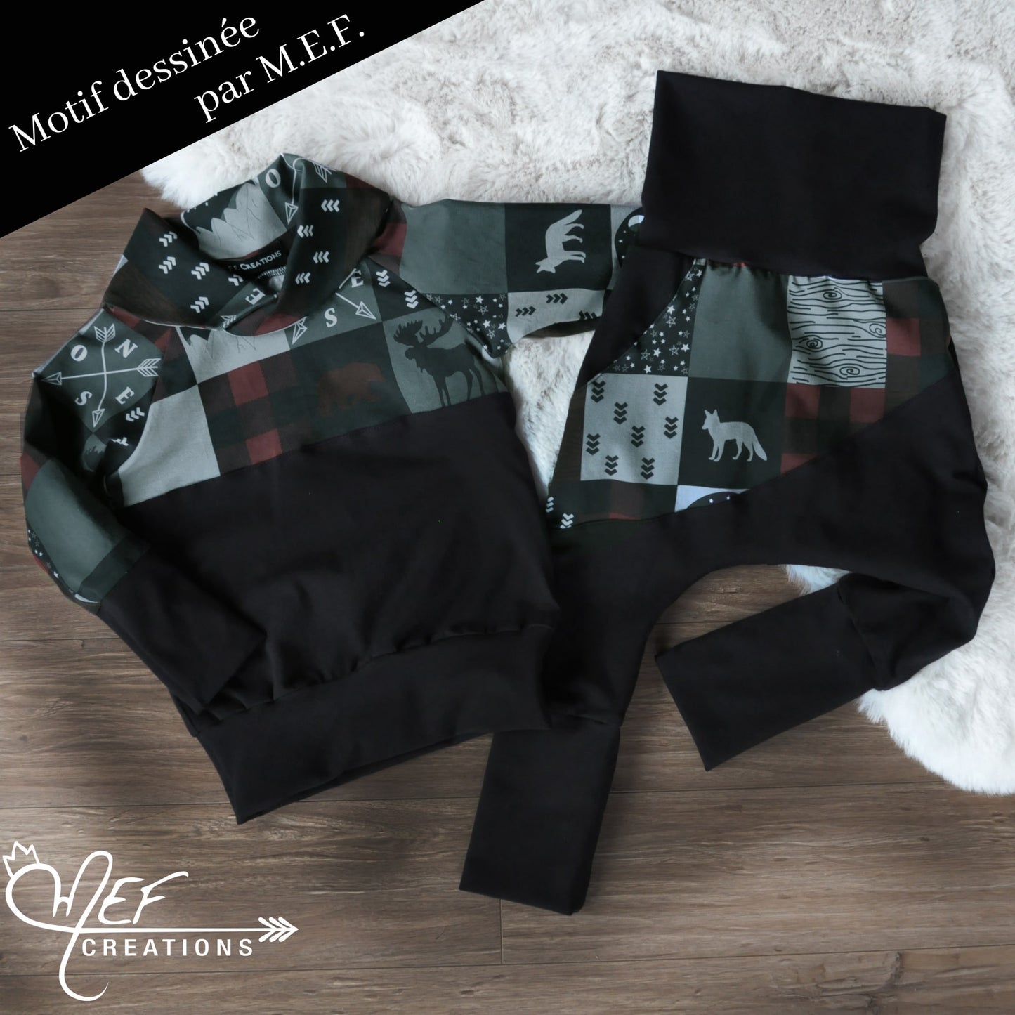 sweater animaux forêt col châle et pantalon asymétrique animaux forêt