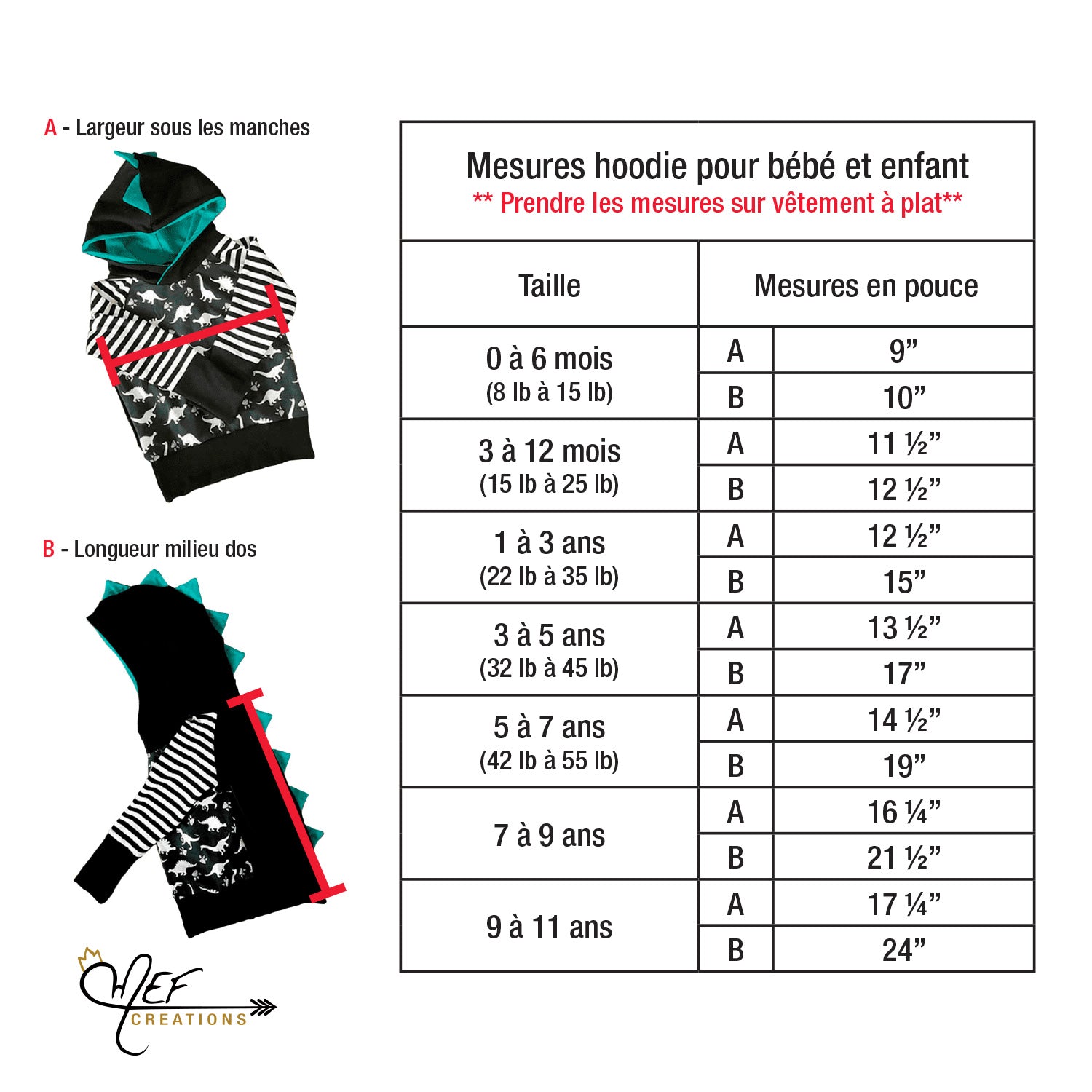 charte des tailles hoodies pour bébé et enfant version française