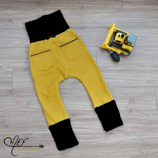sarouel évolutif jeans moutarde avec poche devant / dos bandes noires