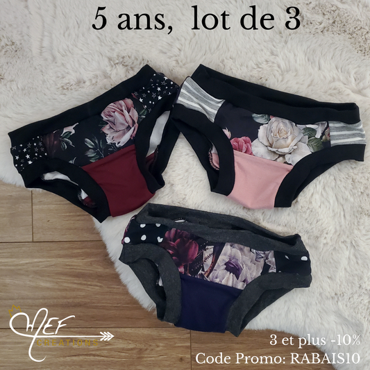 Culottes  fille 5 ans, lot de 3, prêt-à-partir : fleuris bourgogne, fleuris rosé et fleuris mauve