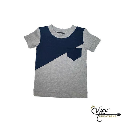 T-shirt bicolore asymétrique uni, manches courtes , empiècement et poche MARINE pour bébé et enfant