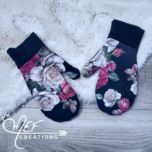 Mitaines adulte XS/S fleuris rosé
