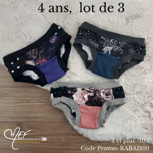 Culottes fille 4 ans, lot de 3, prêt-à-partir :  fleuris mauve, fleuris mef et fleuris plage