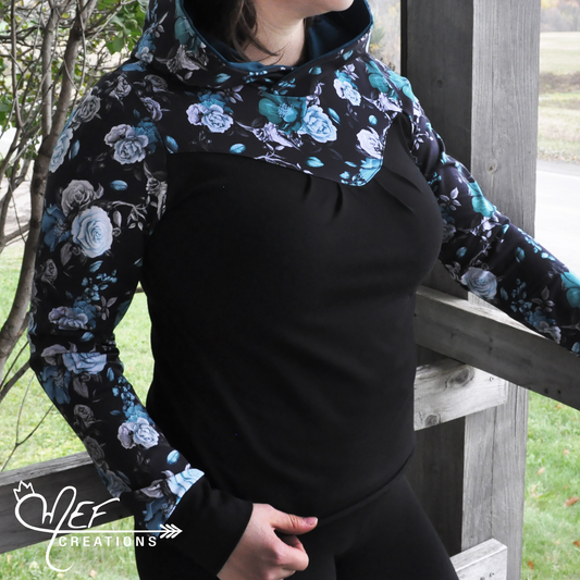 Hoodie fleuris femme et Tunique femme fleuris bleu et pétrol - Collection hiver 2021