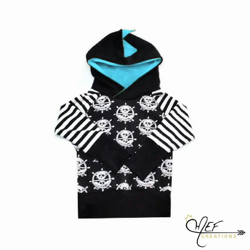 PRÊT-À-PARTIR, 1 à 3 ans, hoodie pirates et barre , avec intérieur de capuchon bleu et crêtes