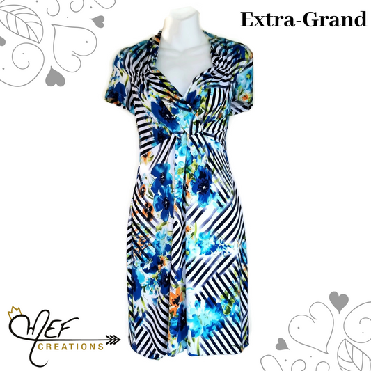 Extra-Grand ( Extra-LARGE ), Robe femme Versatile rayure marine et blanc et fleuris bleu - vente finale -