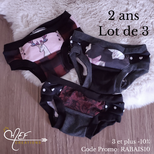 culottes enfants 2 ans, lot de 3, prêt-à-partir : une chevreuil, une gros fleuris, une dentelle bourgogne