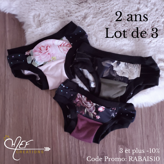 culottes enfants 2 ans, lot de 3, prêt-à-partir : une fleuris rayé, une fleuris kaki, une fleuris plage