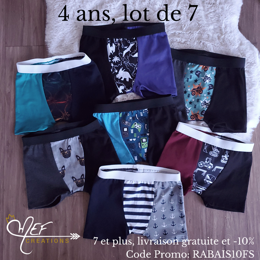 Boxer enfants 4 ans, lot de 7, prêt-à-partir : un requin,  un dino MEF, un 4 roues MEF, un chien, un jeux vidéos MEF, un camions MEF, un ancre
